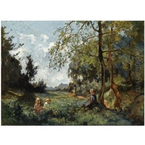 Children Picking Flowers In A Field by Johannes Evert Hendrik Akkeringa