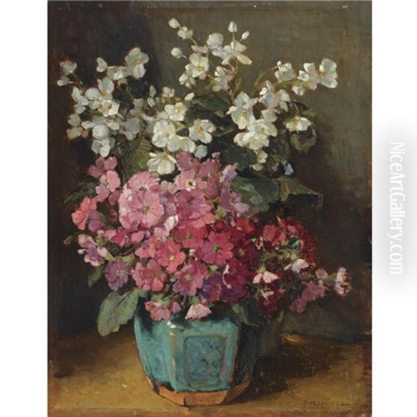 A Begonia And Busy Lizzy In A Ginger Pot - view 1