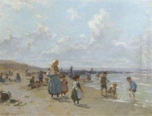 In De Vakantiedagen: Children Playing On The Beach In Summer by Johannes Evert Hendrik Akkeringa