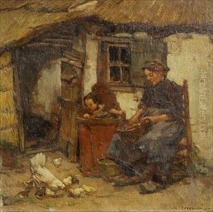 Domestic Scene In Courtyard Of Mother And Child With Hen And Chicks