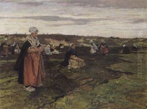 Fisherwomen Mending Nets, Katwijk by Johannes Evert Hendrik Akkeringa