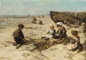 Children Playing On The Beach by Johannes Evert Hendrik Akkeringa