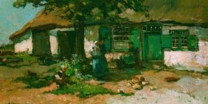 A Family In A Yard, Brabant by Johannes Evert Hendrik Akkeringa