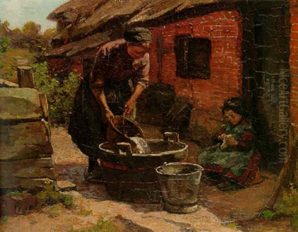 A Sunlit Farmyard With A Peasant Woman Filling A Washing Tub And A Young Girl Playing - view 1
