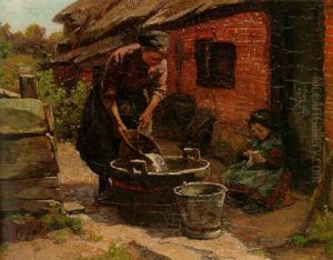 A Sunlit Farmyard With A Peasant Woman Filling A Washing Tub And A Young Girl Playing by Johannes Evert Hendrik Akkeringa
