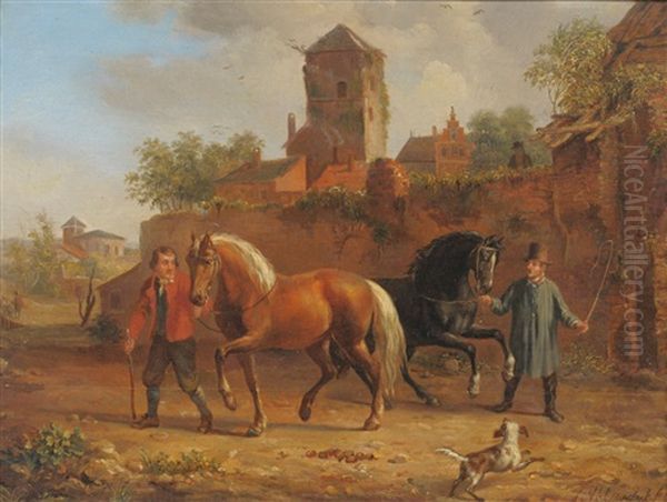 Two Figures With Horses And A Dog, With Buildings Nearby - view 1
