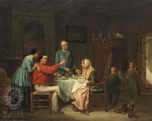 Saloninterieur. Die Familie Hat Sich Um Den Tisch Versammelt by Jacob Akkersdijk