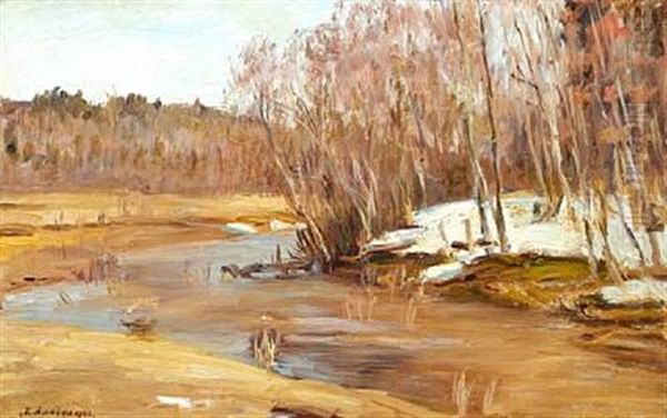 Russian Landscape At Thaw With Birch Trees At A Stream - view 1