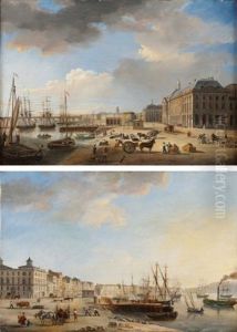 Vue Du Quai Des Chartrons A Bordeaux Depuis L'esplanade Des Quinconces (+ Vue De La Place De La Bourse Et Du Pont De Pierre Depuis L'esplanade Des Quinconces; Pair) by Jean Paul Alaux