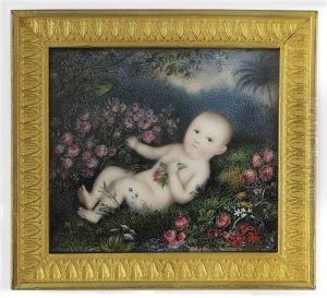 A Baby, Lying Nude In A Garden Surrounded By Flowers And Trees by Michaelo Albanesi