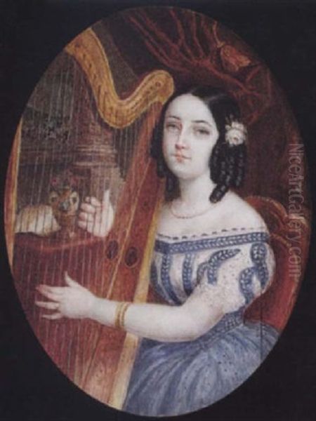 Portrait Of A Young Lady Playing A Harp, She Wears Decollete Dress With Blue Skirt, Pearl Necklace, Gold Bracelet And Pink Rose... - view 1