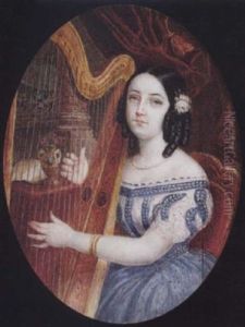 Portrait Of A Young Lady Playing A Harp, She Wears Decollete Dress With Blue Skirt, Pearl Necklace, Gold Bracelet And Pink Rose...