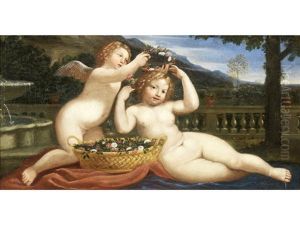 Putti Weaving Garlands Of Flowers Before A Landscape by Francesco Albani