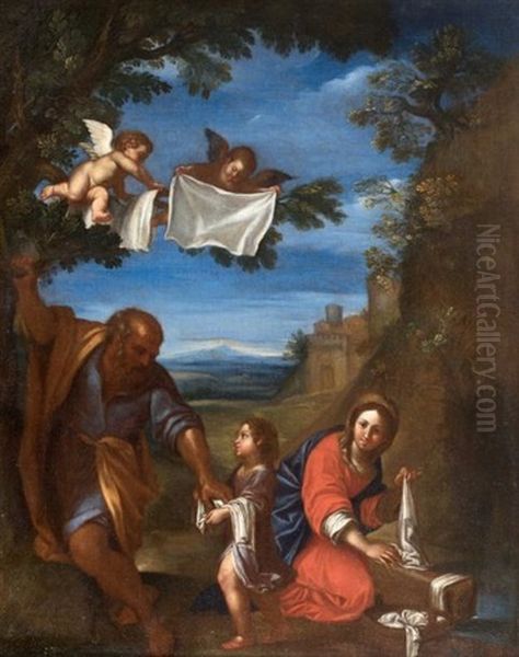 Le Repos De La Sainte Famille, Dit La Laveuse. La Vierge Lave Des Linges Que Saint Joseph Donne A Deux Anges Afin Qu'ils Les Mettent A Secher Sur Les Branches D'un Arbre - view 1