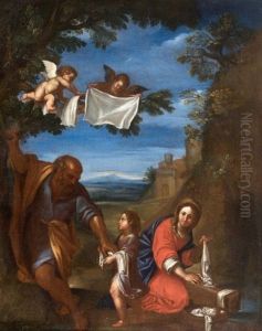 Le Repos De La Sainte Famille, Dit La Laveuse. La Vierge Lave Des Linges Que Saint Joseph Donne A Deux Anges Afin Qu'ils Les Mettent A Secher Sur Les Branches D'un Arbre by Francesco Albani