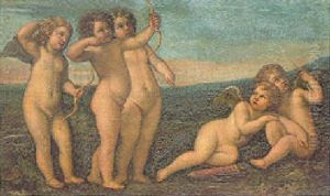 Five Putti In A Landscape, Playing With Bows And Arrows by Francesco Albani