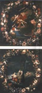 Temas Alegoricos Orlados De Guirnaldas Florales Sobre Fondo Negro by Francesco Albani
