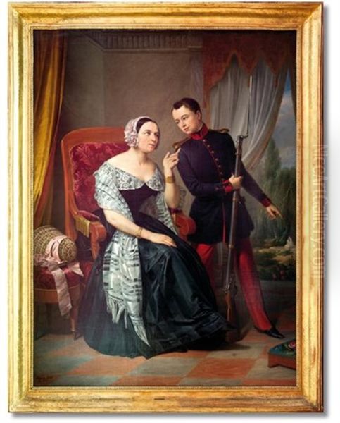 Portrait D'une Mere Donnant Ses Dernieres Recommandations A Son Fils Qui Vient D'etre Enrole Dans La Garde Civile De Bologne - view 1