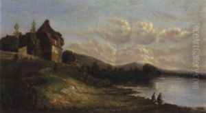 Fluslandschaft Mit Wascherinnen Am Ufer by Adolphe Albert