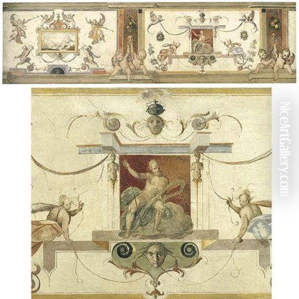 A Decorative Panel With Grotesques And Putti Flanking Panels With A Landscape And Neptune - view 1