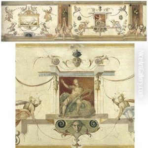 A Decorative Panel With Grotesques And Putti Flanking Panels With A Landscape And Neptune
