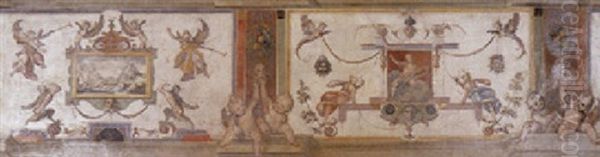 A Decorative Panel With Grotesques And Putti Flanking Panels With A Landscape And Neptune - view 1