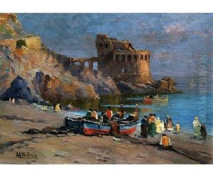 Italian Coastal Scene With Fisherfolk And Fishing Boats by Luca Albino