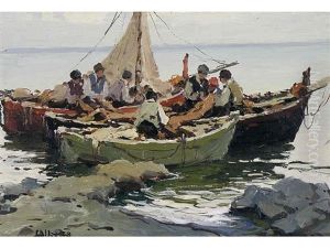 Fishing Boats, Mending The Nets by Luca Albino