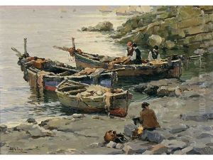 Mending The Nets, Fishing Boats At Shore