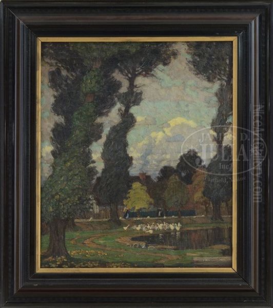 Figures Near A Pond With White Geese - view 1