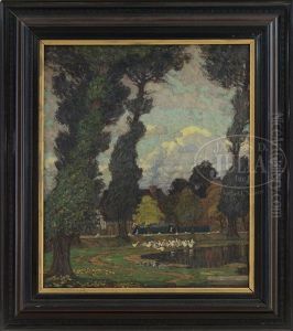 Figures Near A Pond With White Geese by Richard Albitz