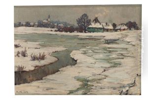 Winterlandschaft Mit Zugefrorenem Teich, Ein Kirchdorf Im Hintergrund by Richard Albitz