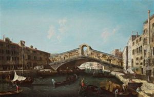 Die Rialtobrucke In Venedig, Il Ponte Di Rialto Con Le Rive Del Ferro E Del Vin by Francesco Albotti