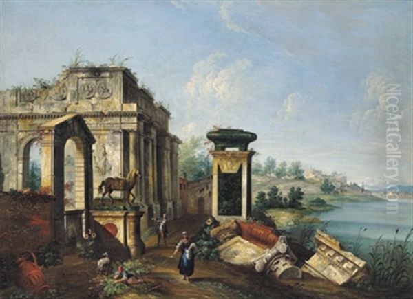 Capriccio Con Portico In Rovina, Monumento Equestre E Paesaggio Lacustre: Capriccio Mit Ruinen In Einer Flusslandschaft - view 1