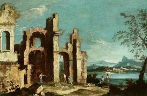 A Mountainous Landscape With Figures Resting By A Set Of Ruins At The Side Of A Lake by Francesco Albotti