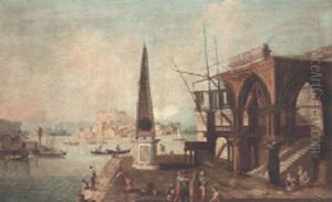 A Capriccio With A Ruined Gothic Portico And An Obelisk With Merchants And Other Figures On A Quay