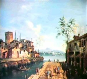 Paesaggio Con Un Gruppo Di Case Lungo Un Canale, Lago Al    Centro E, Sulla Destra, Un Molo Affollato Di Persone
