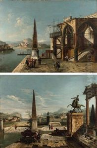 Caprice Venitien Avec Un Portique Gothique Et Un Obelisque