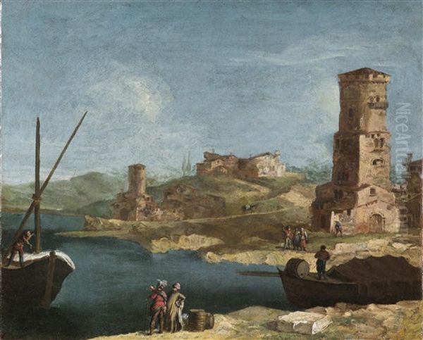 Kustenlandschaft Mit Einem Turm Und Figuren - view 1