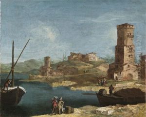Kustenlandschaft Mit Einem Turm Und Figuren by Francesco Albotto