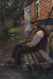 Pfeifenraucher Vor Einem Finkenwerder Bauernhaus Pfeifenraucher Vor Einem Finkenwerder Bauernhaus