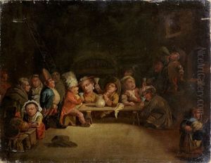 Figures Dancing And Making Music In An Interior (+ Figures Drinking And Playing Cards In An Interior; Pair) by Enrico Albricci
