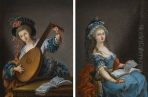 A Woman Reading (+ A Woman Playing The Lute; Pair) by Luis Alcazar y Paret