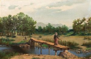 Pont Anime Sur La Riviere by Hyacinthe Alchimowicz