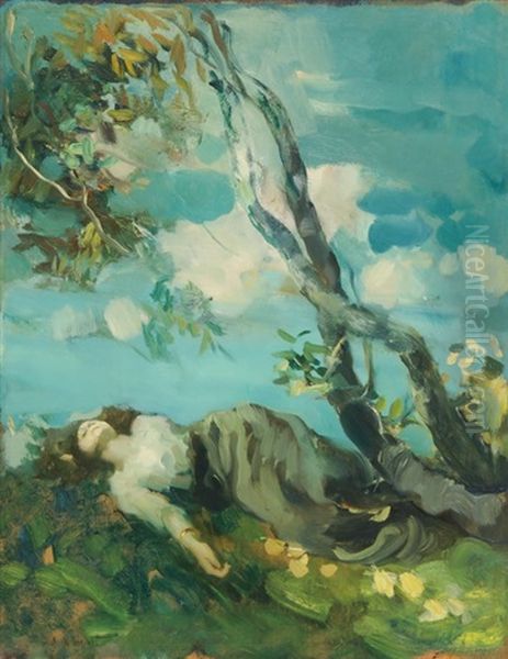 Junge Frau Unter Einem Baum Ruhend - view 1