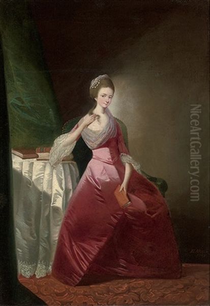 Portrait Of A Lady In A Red Satin Dress And Silk Headdress, Seated At A Table - view 1