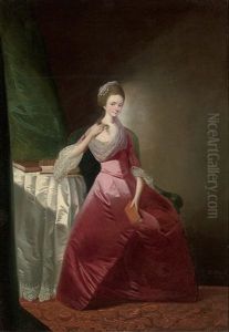Portrait Of A Lady In A Red Satin Dress And Silk Headdress, Seated At A Table by Edward Alcock