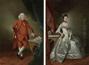 Portrait Of A Gentleman In A Red Velvet Suit(+ Portrait Of A Lady In An Oyster Satin Dress; Pair) by Edward Alcock