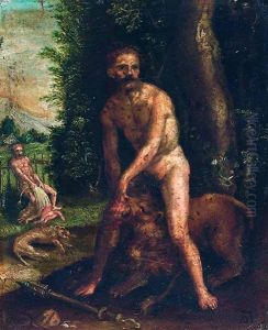 Herakles Totet Den Nemeischen Lowen (after An Engraving) by Heinrich Aldegrever