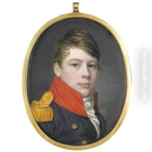 Portrait Of A Young Officer Wearing A Blue Uniform With A High Red Collar And Gold Lace